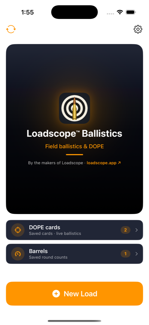 Loadscope Ballistics home screen on iPhone: a branded hero card reading Loadscope Ballistics, Field ballistics and DOPE, by the makers of Loadscope, with tiles for DOPE cards and Barrels and a large New Load button.