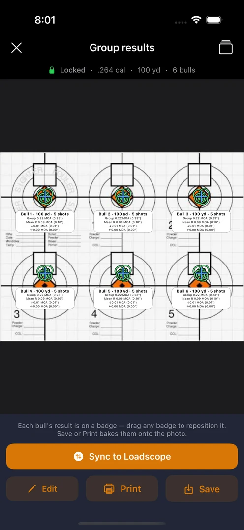 Loadscope Ballistics Group results on iPhone: a locked six-bull 100-yard target sheet for a .264 caliber load, every bull badged with its own shot count, group size in MOA and inches, and mean radius, plus a Sync to Loadscope button that sends the measured groups back to the load on the desktop.