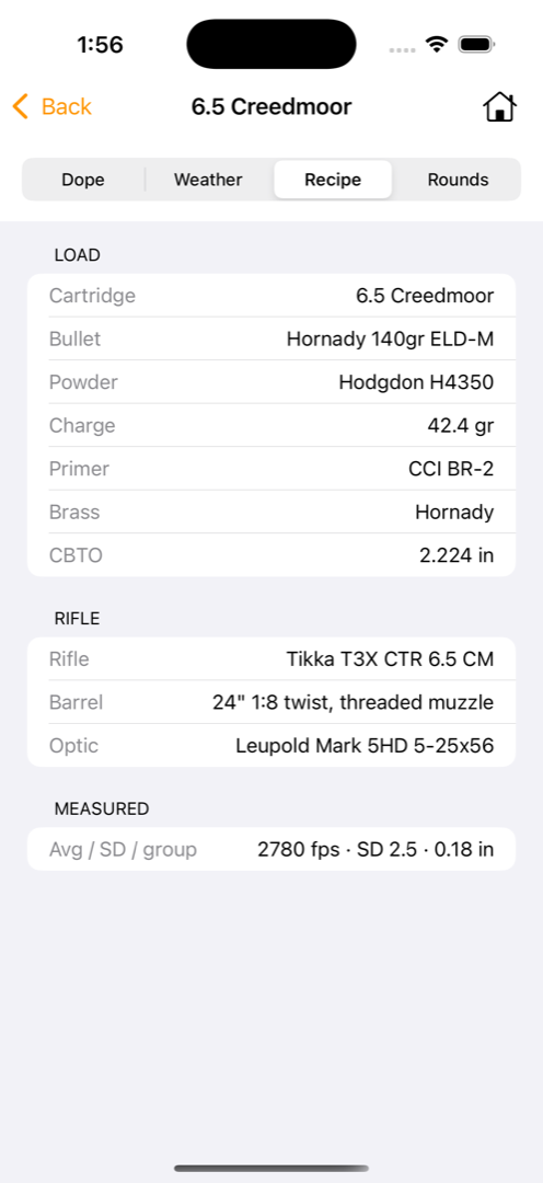 Loadscope Ballistics recipe card on iPhone: the read-only components of a saved load for reference at the bench.