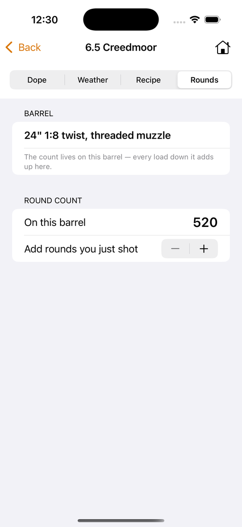 Loadscope Ballistics Rounds tab on iPhone: a 24-inch 1-to-8 twist barrel with a round count of 520 and a plus-minus stepper to add the rounds you just shot, which syncs back to that barrel on the desktop.