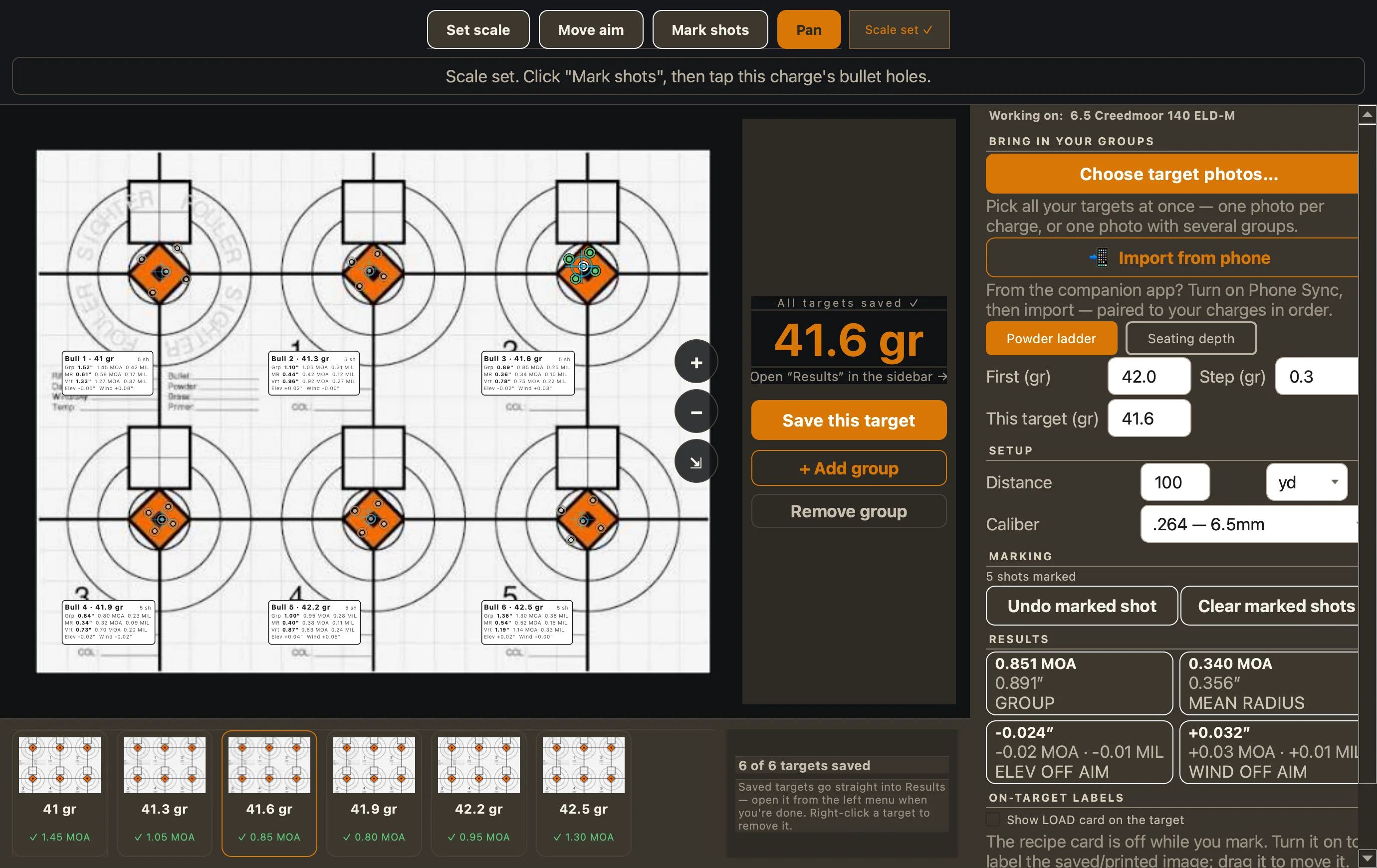 Loadscope Measure Target screen: a 6.5 Creedmoor powder ladder measured on one six-bull target sheet, each bull numbered and tagged with its powder charge and group in MOA, + Add group and Remove group buttons and an Import from phone button with a Powder/Seating ladder toggle on the right, a Working on load bar, and live Results showing group size and mean radius for the charge being marked.