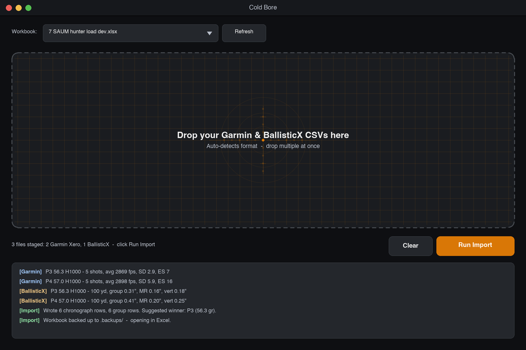 Loadscope application window showing the precision-rifle reticle drop zone, workbook picker, Run Import button, and activity log with successful Garmin and BallisticX import messages